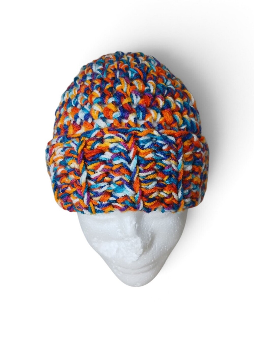 Multicolor Chunky Crochet Beanie - Orange & Blue